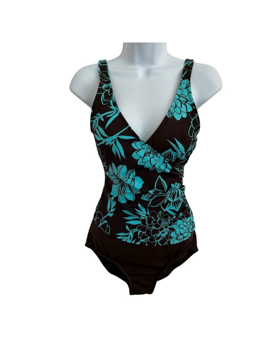 Jantzen Women One Piece Swimsuit Size 8 Brown Teal Floral Surplice Bathing Suit